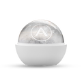 Clear ice sphere featuring an embossed A logo, nestled in a white minimalist hemispherical holder on a black background