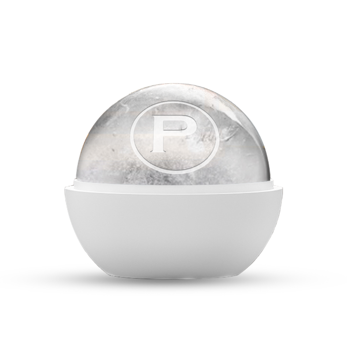 Digital rendering of a textured clear and frosted spherical ice cube with a P logo resting in a sleek white minimalist base against a stark black background