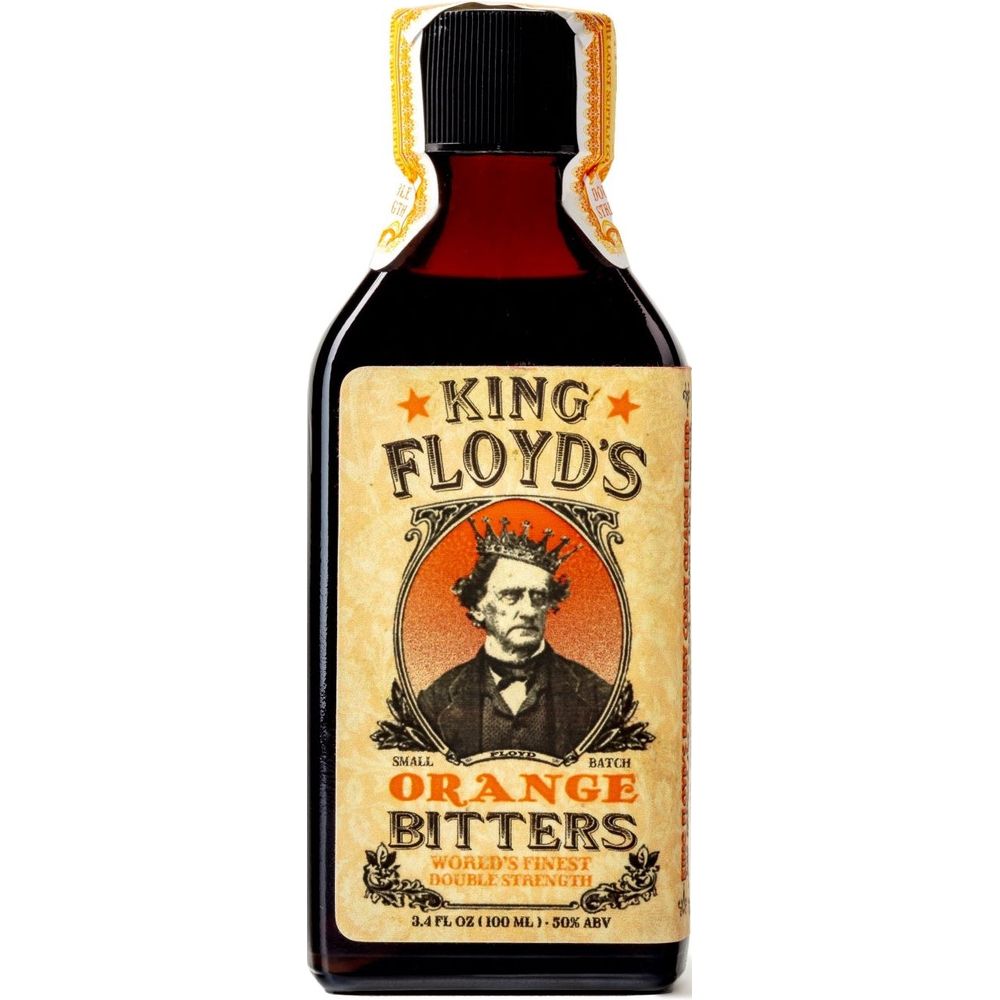 Product photo of King Floyd's Orange Bitters, a dark amber liquid in a clear bottle with a cream label depicting a crowned man and prominent orange "Orange Bitters" text, finished with a gold foil neck wrap