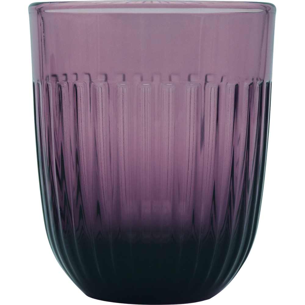 Glass tumbler with vertical fluted ribs in a purple to dark gradient