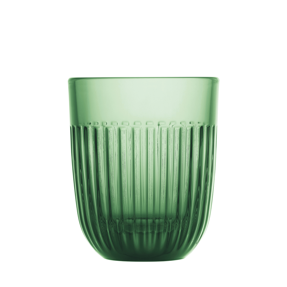 Sage green textured drinking glass featuring vertical fluted ribbing and a smooth rim isolated on a white background