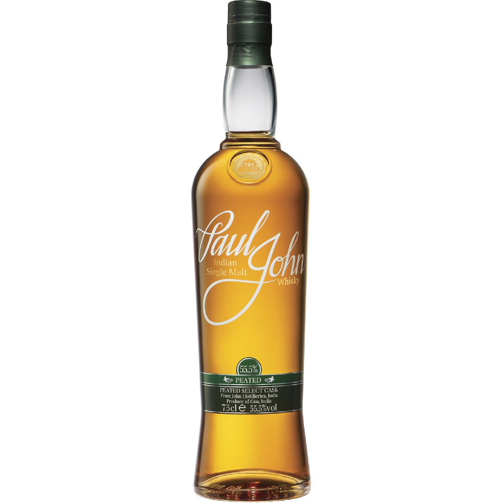Photograph of a Paul John Indian Single Malt Peated Select Cask whisky bottle from Goa India showcasing its rich amber liquid, dark green foil cap, and white script Paul John logo on the main label