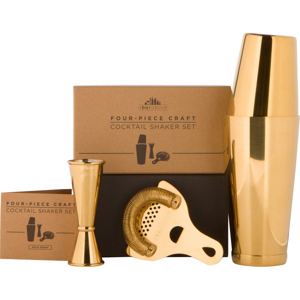 abarabove Four-Piece Craft Cocktail Shaker Set with a gleaming gold finish, including a Boston shaker, double jigger, and hawthorne strainer, presented with kraft brown branded packaging