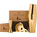 abarabove Four-Piece Craft Cocktail Shaker Set with a gleaming gold finish, including a Boston shaker, double jigger, and hawthorne strainer, presented with kraft brown branded packaging