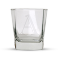 Clear square rocks glass with an elegant frosted capital letter A monogram and a sturdy heavy base