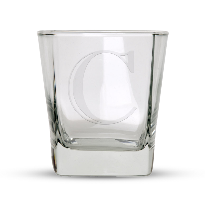 Clear glass square-based tumbler etched with a prominent capital C