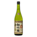 Product photography of a Sho Chiku Bai Junmai Sake bottle featuring a distinctive green glass and a richly detailed label with gold, red, and green pine, bamboo, and plum blossom motifs