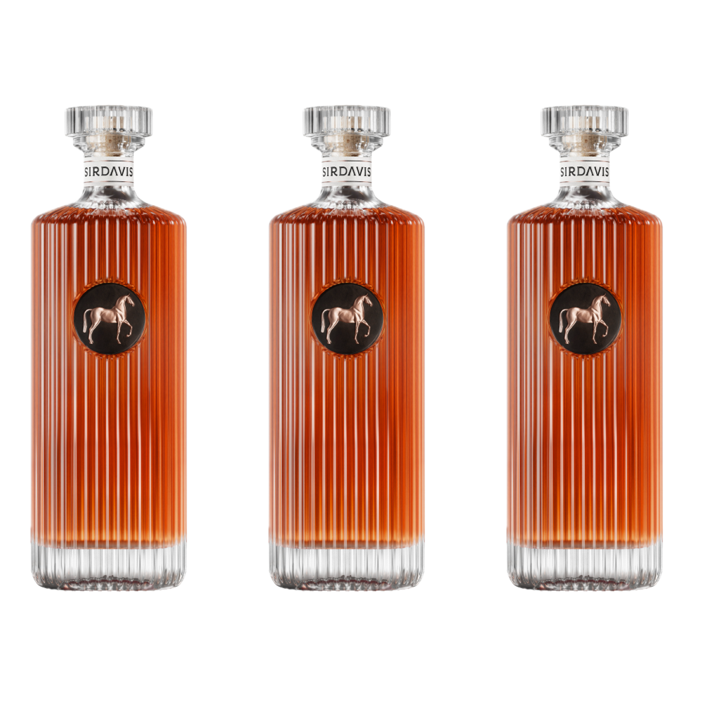 Three identical Sir Davis brand liquor bottles filled with amber liquid, featuring a distinctive vertically ribbed glass design and a prominent black circular label with a golden horse emblem on a clean white background
