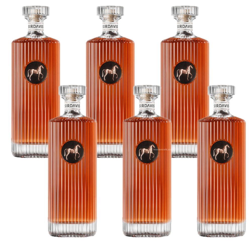 Six Sirdavis liquor bottles filled with amber liquid, featuring a ribbed glass design, black circular labels with a gold horse emblem, and clear stoppers