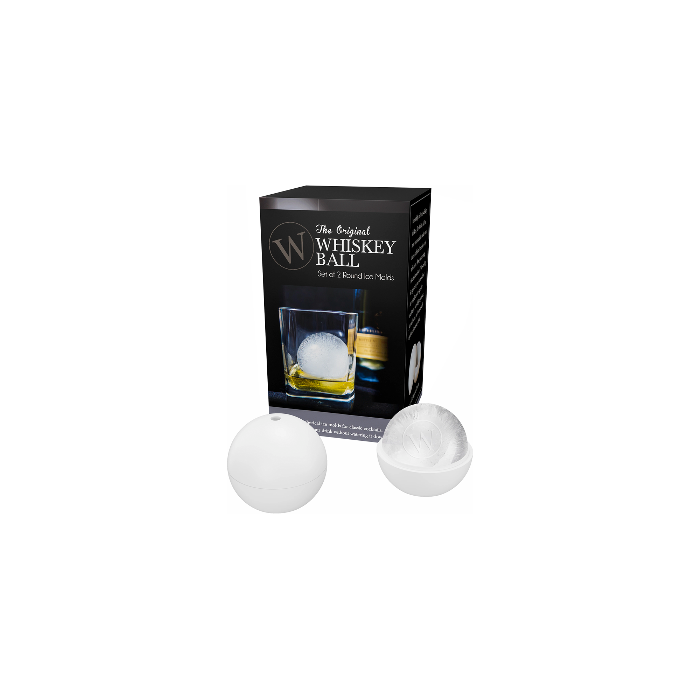 Product photography of The Original Whiskey Ball ice mold product showing its black packaging box featuring the brand logo and a whiskey glass with a spherical ice ball alongside two white silicone ice molds, one open to reveal the interior "W" brand imprint