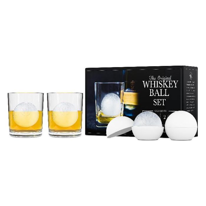 Product image of a Whiskey Ball Set featuring two clear glasses filled with golden whiskey and large spherical ice balls, alongside its black packaging labeled "The Original WHISKEY BALL SET" and two white ice molds, one open to reveal a textured ice sphere