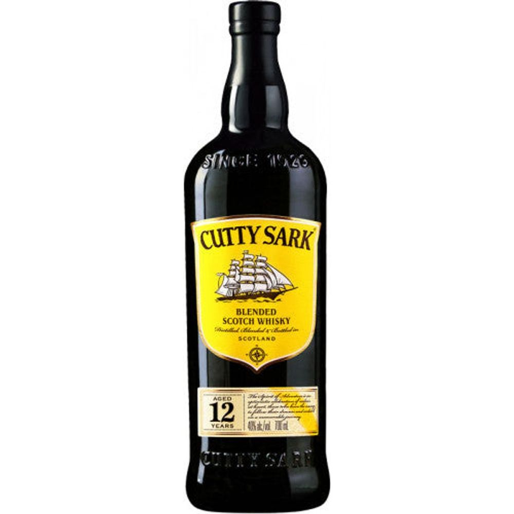 A black bottle of Cutty Sark 12 Years Blended Scotch Whisky featuring a prominent bright yellow label with the iconic Cutty Sark sailing ship graphic, highlighting "Blended Scotch Whisky" from Scotland and "Aged 12 Years"