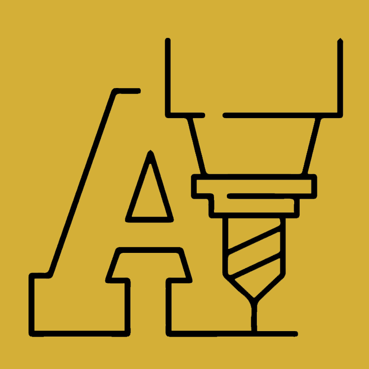 Digital graphic of a stylized black outline capital A creatively integrated with a CNC drill bit on a solid mustard yellow background