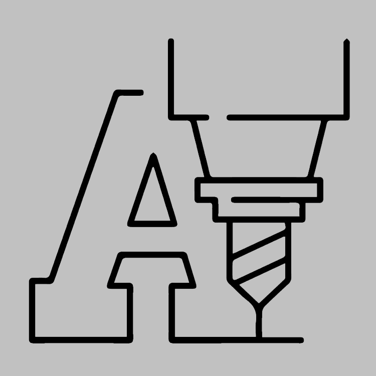 Graphic illustration of a stylized capital letter A on a grey background intricately combined with a detailed CNC drill bit featuring helical flutes on its right side