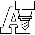 Black outline icon illustrating the letter A undergoing a milling process with a visible drill bit, featuring a geometric triangular counter and clear helical flutes on the tool