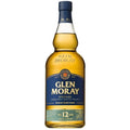 Product photograph of a Glen Moray 12-Year-Old Speyside Single Malt Scotch Whisky bottle from Elgin, Scotland, featuring rich amber liquid, a prominent dark blue label with gold text, and "Aged 12 Years" clearly visible on its lower label