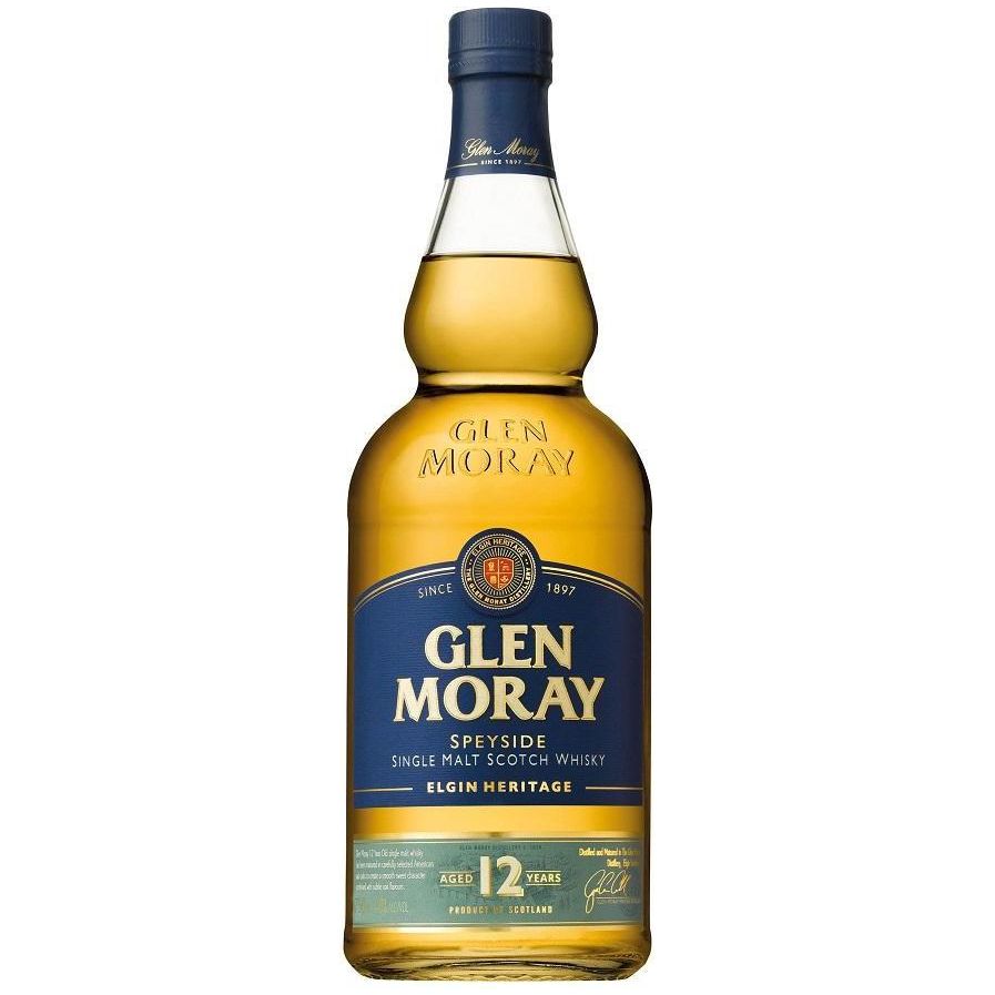 Product photograph of a Glen Moray 12-Year-Old Speyside Single Malt Scotch Whisky bottle from Elgin, Scotland, featuring rich amber liquid, a prominent dark blue label with gold text, and "Aged 12 Years" clearly visible on its lower label