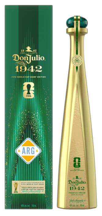Don Julio 1942 Tequila Añejo FIFA World Cup 2026 Edition bottle and gift box featuring a golden tapered bottle with an emerald green crown stopper alongside a dark green box adorned with gold speckles, a prominent FIFA logo, and an Argentina 'ARG' diamond emblem