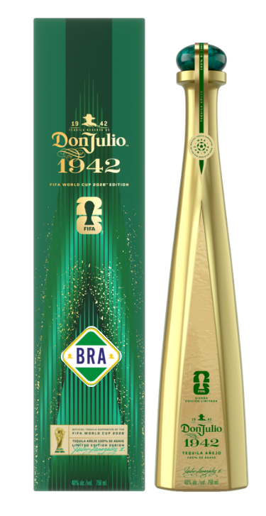 Don Julio 1942 Tequila Añejo FIFA World Cup 2026 Edition, a sleek gold bottle with an emerald green and gold stopper alongside its deep green box featuring sparkling gold accents, the iconic FIFA 26 logo, the FIFA World Cup trophy, and a Brazil BRA emblem