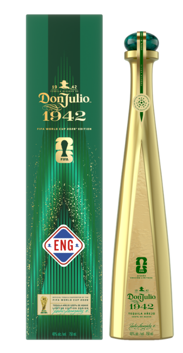 Product photography of a luxury Don Julio 1942 FIFA World Cup 2026 Edition tequila featuring a tall golden bottle with a dark teal cap next to a matching dark green gift box detailed with gold speckles and an iconic FIFA World Cup trophy logo and England ENG badge