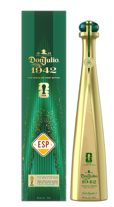 Don Julio 1942 Tequila Añejo FIFA World Cup 2026 Edition, a sleek gold bottle with a distinctive green cap and soccer ball motif, paired with its dark green box featuring golden shimmer, the FIFA logo, and an ESP country badge
