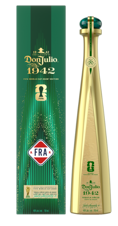 Product photography of the Don Julio 1942 FIFA World Cup 2026 Edition Tequila bottle and its matching dark green box, featuring a striking golden bottle with an ornate green cap, shimmering gold speckles on the box, and iconic FIFA and World Cup trophy logos alongside the FRA emblem