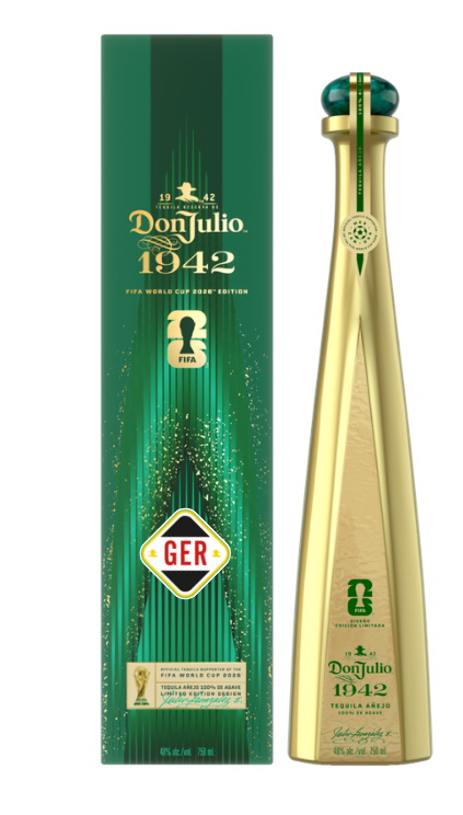 Don Julio 1942 Tequila Añejo FIFA World Cup 2026 Edition golden bottle with a green crown cap and its dark green box featuring gold accents, FIFA branding, and a 'GER' team logo