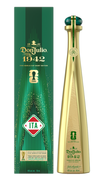 Product image of Don Julio 1942 Tequila FIFA World Cup 2026 Edition featuring a distinctive gold triangular bottle with a teal cap, accompanied by an emerald green box highlighted with gold glitter, the FIFA logo, and a visible World Cup trophy emblem