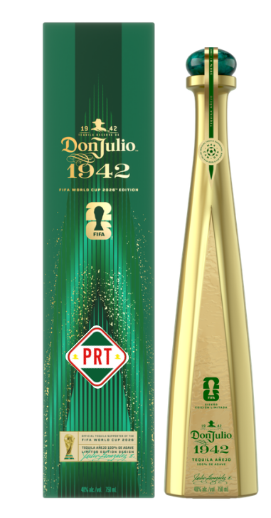 Product photography of Don Julio 1942 Tequila FIFA World Cup 2026 Edition featuring a striking tall gold bottle with a dark green cap and its emerald green packaging adorned with sparkling gold accents and the FIFA World Cup trophy logo
