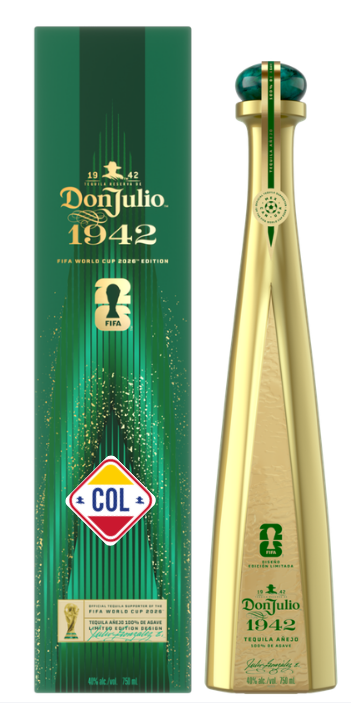 Don Julio 1942 Tequila FIFA World Cup 2026 Edition featuring a tall gold bottle with a dark green cap and a matching dark green box with gold speckles, prominently displaying the FIFA World Cup trophy icon and a Colombian flag COL badge