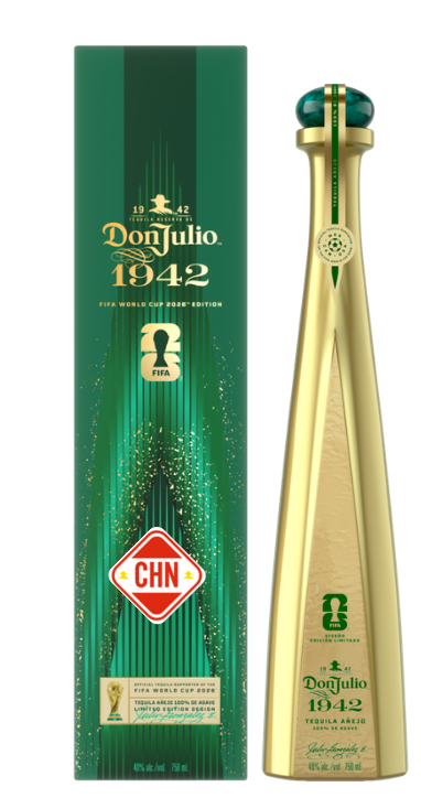 Product photograph of Don Julio 1942 Tequila FIFA World Cup 2026 Edition showcasing an elegant golden bottle with a distinct green cap and an emerald green presentation box featuring the iconic FIFA World Cup trophy, shimmering gold speckles, and a red CHN emblem