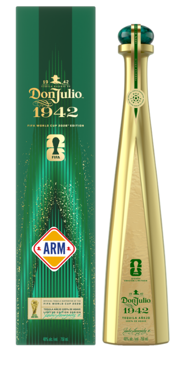 Don Julio 1942 FIFA World Cup 2026 Edition tequila bottle and matching green box featuring gold branding, an ARM logo, and a distinctive gold tapered bottle with a green marble-like cap