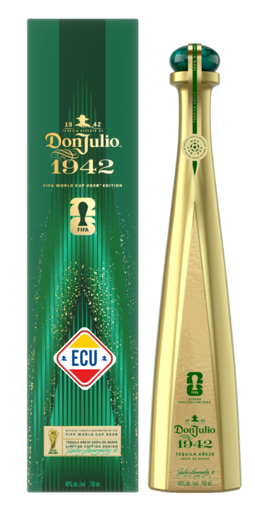 Product photography of a Don Julio 1942 FIFA World Cup 2026 Edition tequila, showcasing the tall gold bottle with a dark green cap and an emerald green presentation box adorned with golden glitter and the ECU flag logo