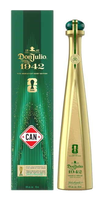 Product photography featuring a tall gold Don Julio 1942 FIFA World Cup 2026 Edition tequila bottle with a green cap next to its shimmering dark green presentation box, both displaying the FIFA World Cup trophy logo and a red CAN logo