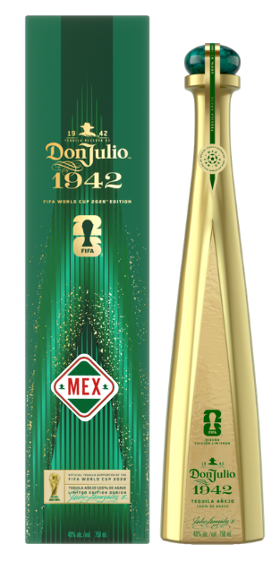 Digital product rendering of the Don Julio 1942 Tequila FIFA World Cup 2026 Edition showcasing a vibrant emerald green box with gold flecks and a sleek gold bottle featuring an ornate green cap, FIFA World Cup trophy emblem, and a red MEX badge