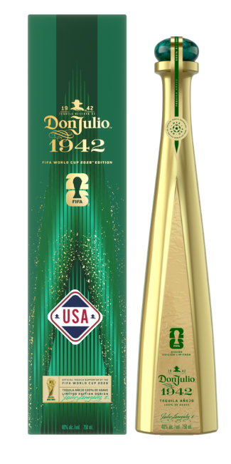 Product photography of a Don Julio 1942 Tequila FIFA World Cup 2026 Edition featuring a tall golden bottle with a dark green faceted cap next to its matching dark green box adorned with shimmering gold vertical accents, a prominent USA flag logo, and the FIFA World Cup trophy icon
