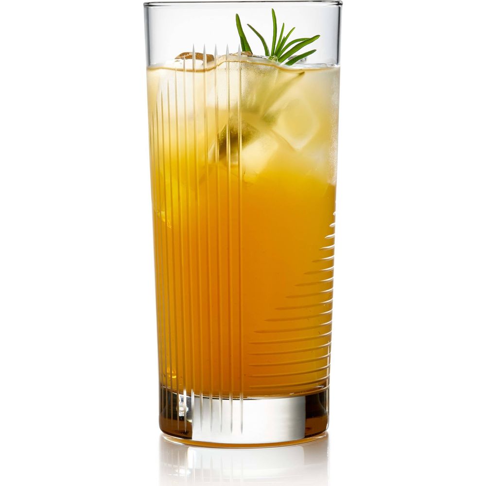 Digital photograph of an amber cocktail in a ribbed glass with ice and a green rosemary sprig on a white studio background