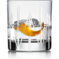 A transparent glass containing clear liquid, ice cubes, and a bright orange peel, adorned with a frosted white geometric vertical line pattern